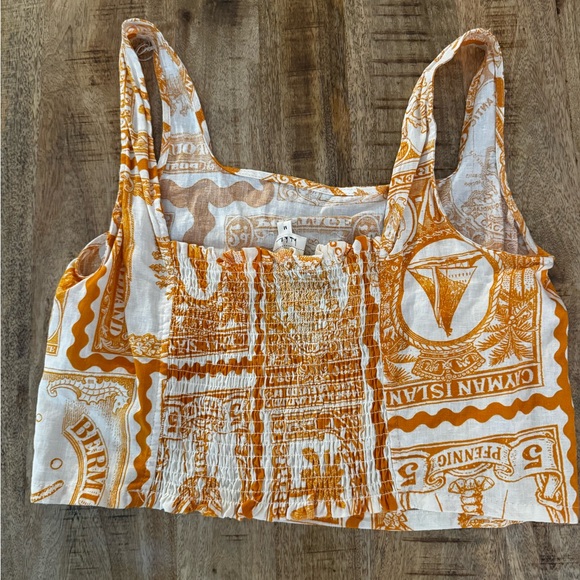 Artelier Nicole Miller linen blend Orange and Cream crop top tank postage stamps - Picture 3 of 6